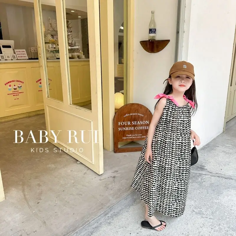 2023 Summer Overall Dresses A-line Mid-calf Length Pullover Print Bowknot Cotton Sweet Fashion Korean Casual Designable Girls