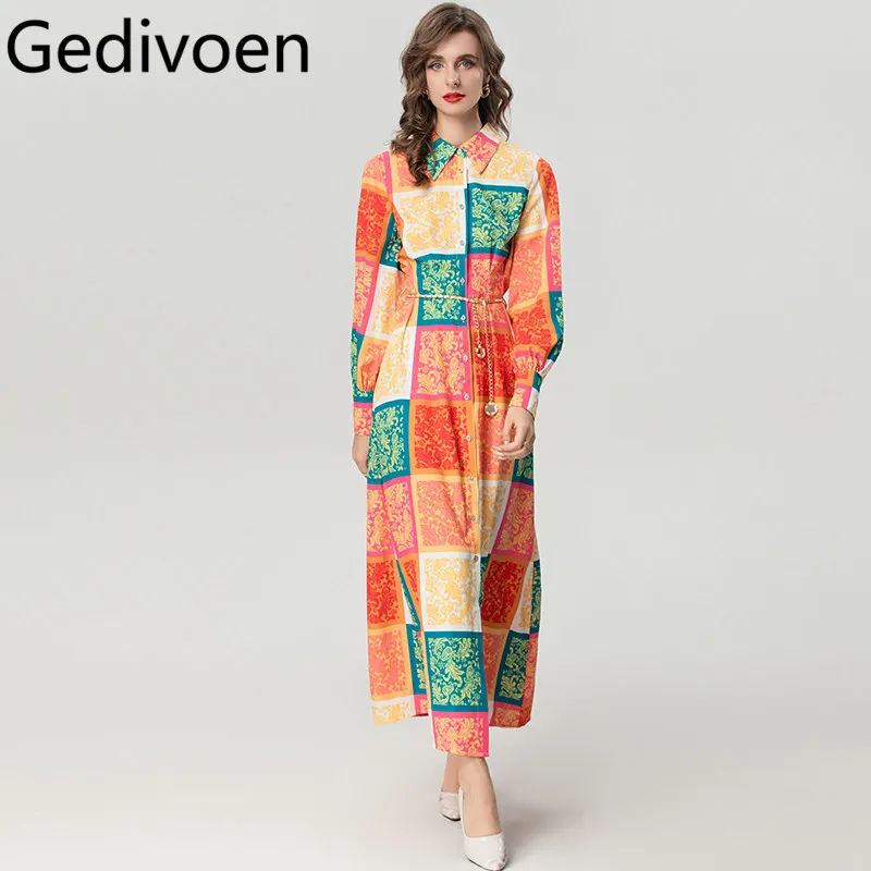 

Gedivoen Women's Elegant Casual Holiday Dress Turn-Down Collar Single-Breasted Lantern Sleeved Print Lace-Up Fashion Dresses