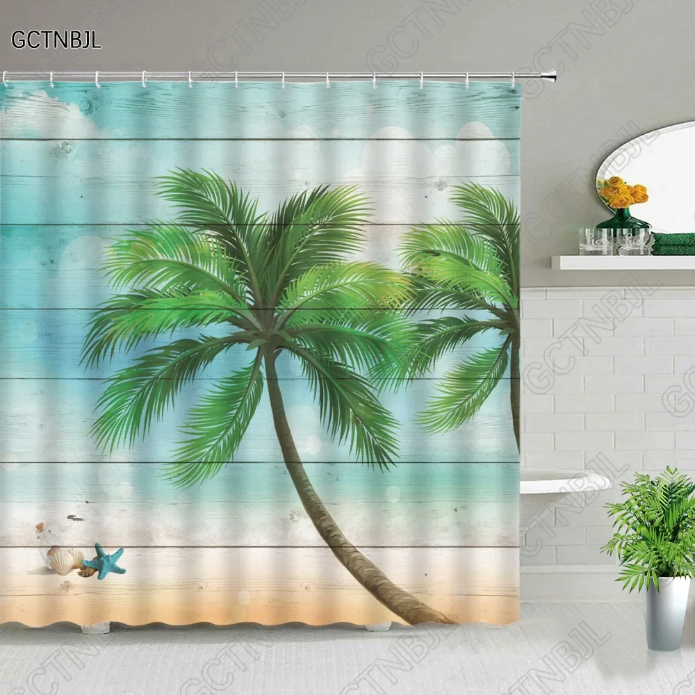 Tropical Beach Sand Starfish Palm Coconut Tree Blue Sky Scene Shower Curtains Summer Print Photography Backdrop Bathroom Decor