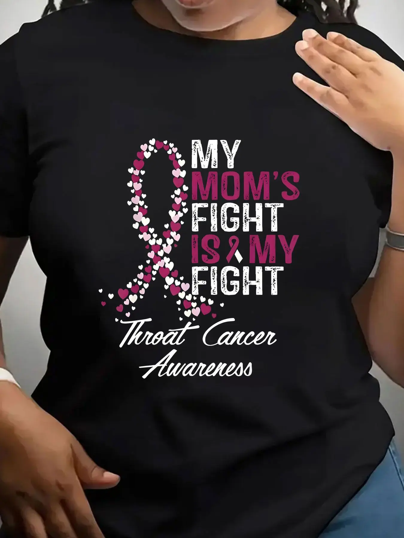 Women's Trendy Crew Neck T-Shirt My Moms Fight Is My Fight Throat Cancer Awareness Suitable for Casual Sportswear