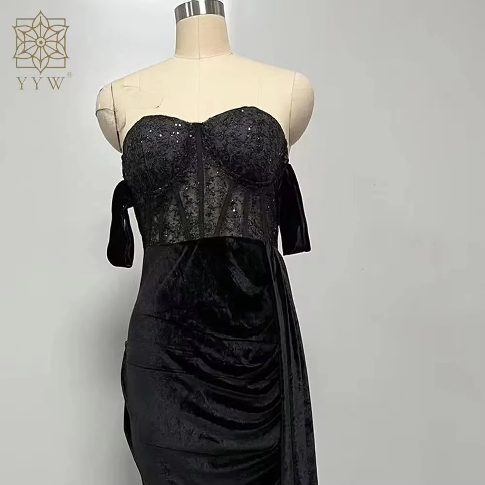 Sexy Backless Evening Party Dress for Women Prom Dress Black Lace Chest Wrapping Off the Shoulder Split Mermaid Maxi Dresses