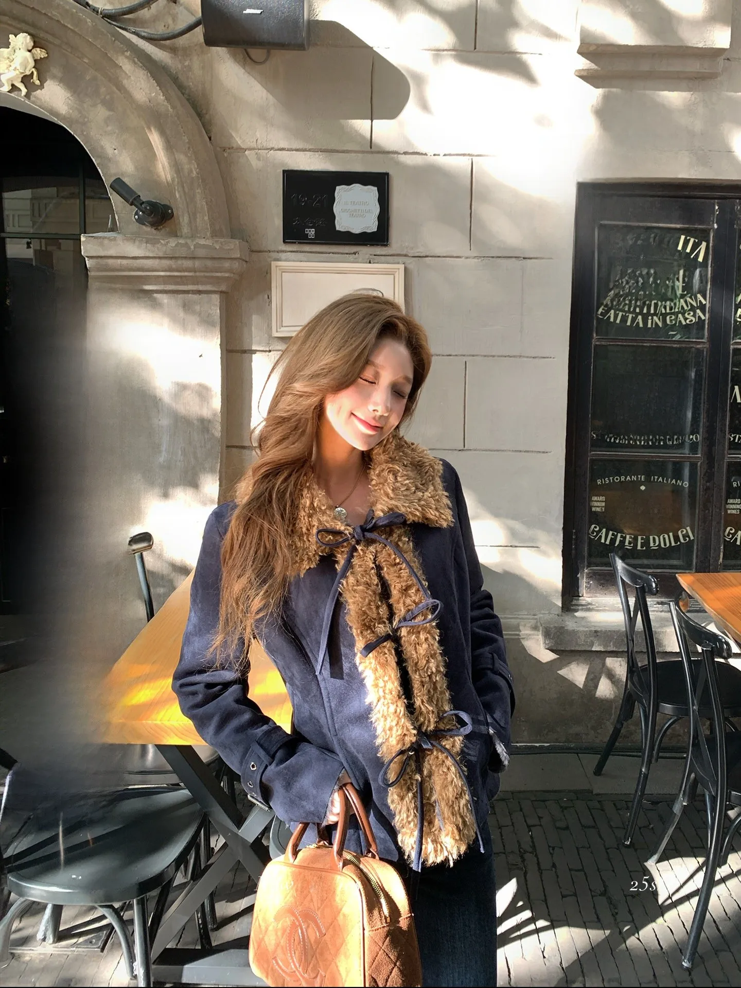 

LIONE Vintage Suede Jaet with Fur Collar Color Blo Waist Cinched Belt Women's ort Outerwear Polyester Spandex Blend
