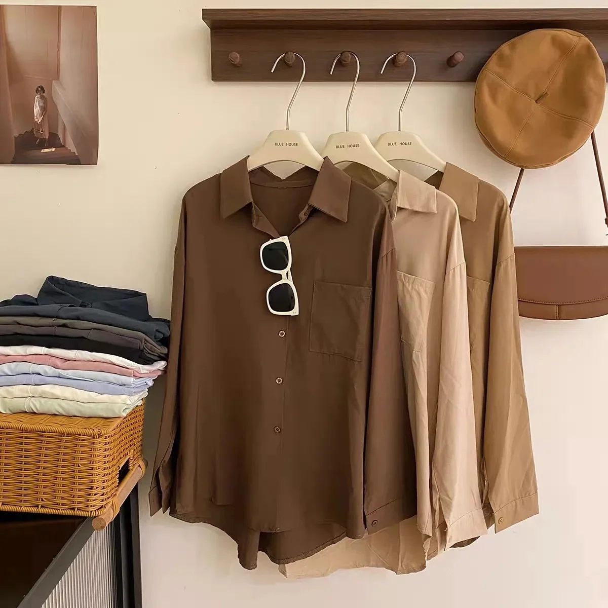 

Корейская шифоновая блузка с длинным рукавом для женщин, свободная повседневная однотонная блузка с воротником из полиэфирного волокна для ранней осени