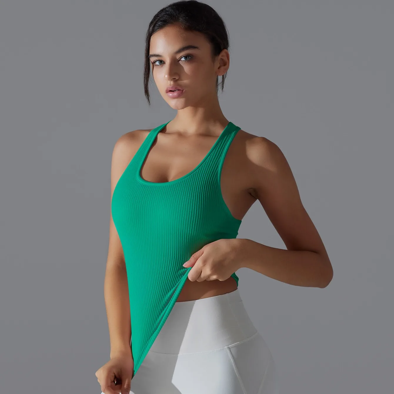 Women's Ribbed Solid Color High - Elastic Tight Longline Racerback Sports Tank Top for Yoga Running Fitness
