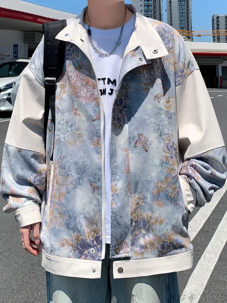 

Тет из искусственной кожи с принтом в стиле ретро, свободная посадка, мужская модная верхняя одежда больших размеров, осенняя крутая дизайнерская куртка для путешествий, подходит для путешествий