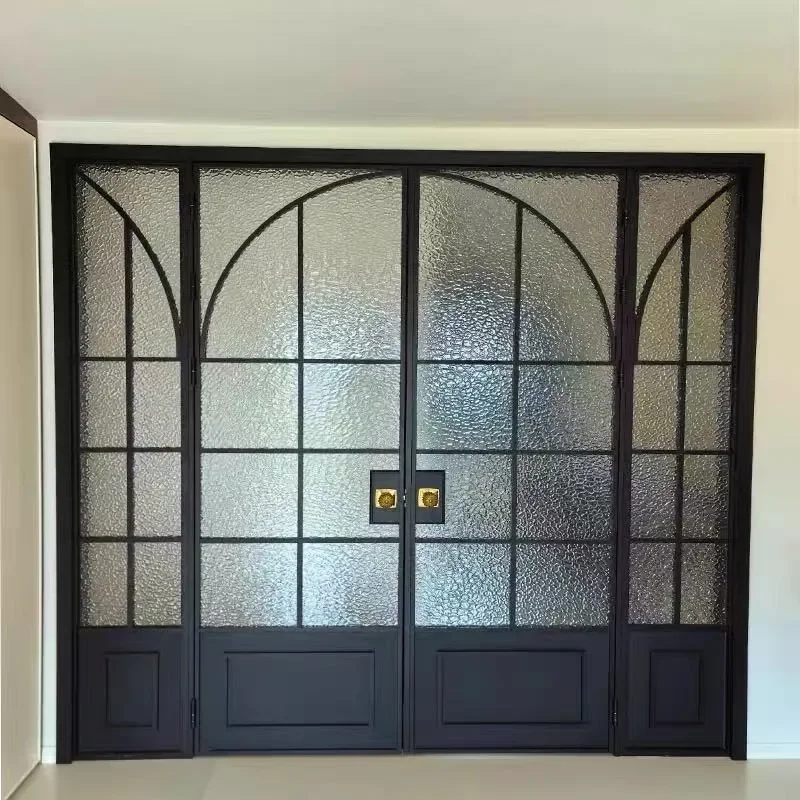 French Retro Ultra Narrow Wrought Iron Door with Tempered Glass Stainless Steel Frame for Living Room Balcony Study Kitchen