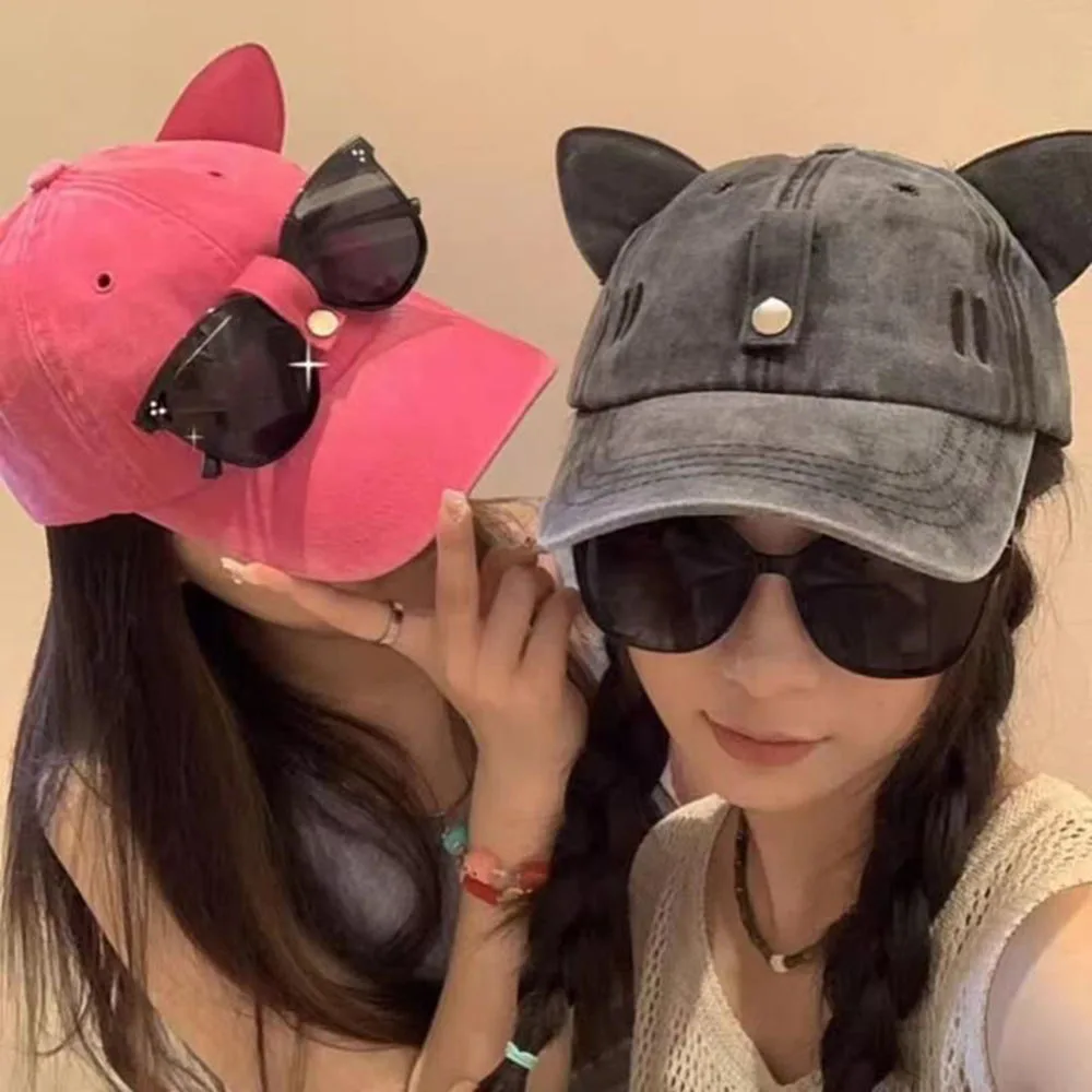 Cute Cat ears Sunglasses Baseball Cap Y2K Washed Cotton Snapback Caps Gorras Women Cute Hip Hop Hat Unisex Sunshade Sun Hats