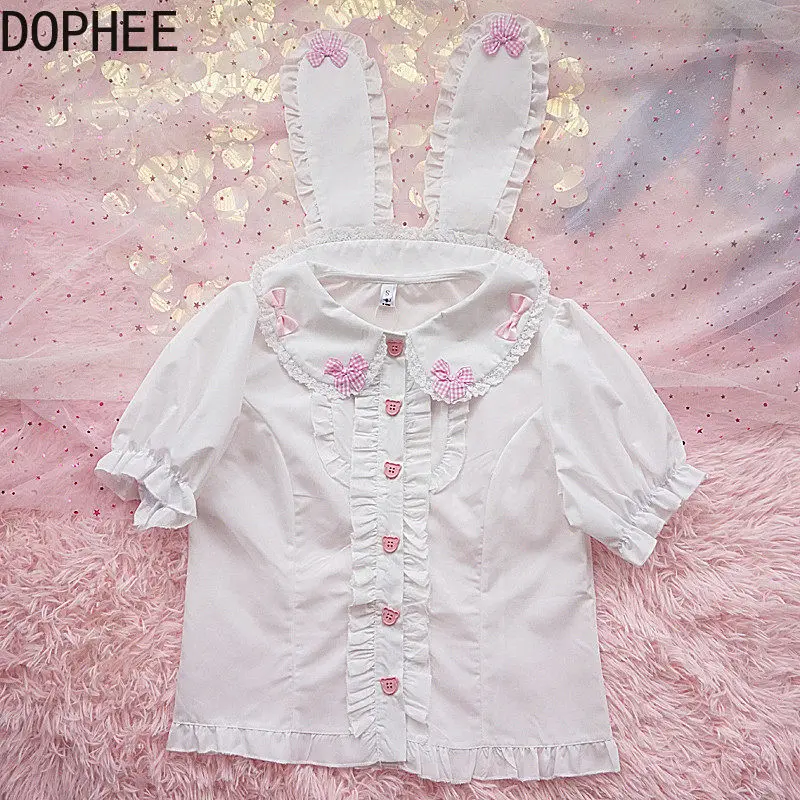 Cute Rabbit Ears Lolita Shirts All-match New Spring Summer Peter Pan Collar Short Cardigans Top Elegant Ruffles Students Blouses