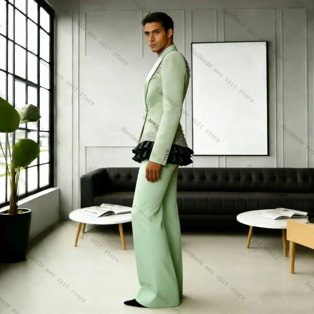 

Pearls Green Men Suit Set 2 Piece Blazer+Cotton Pants Ruffles Prom Wedding Tuxedos Coat Customized Formal Office Fashion Jacket