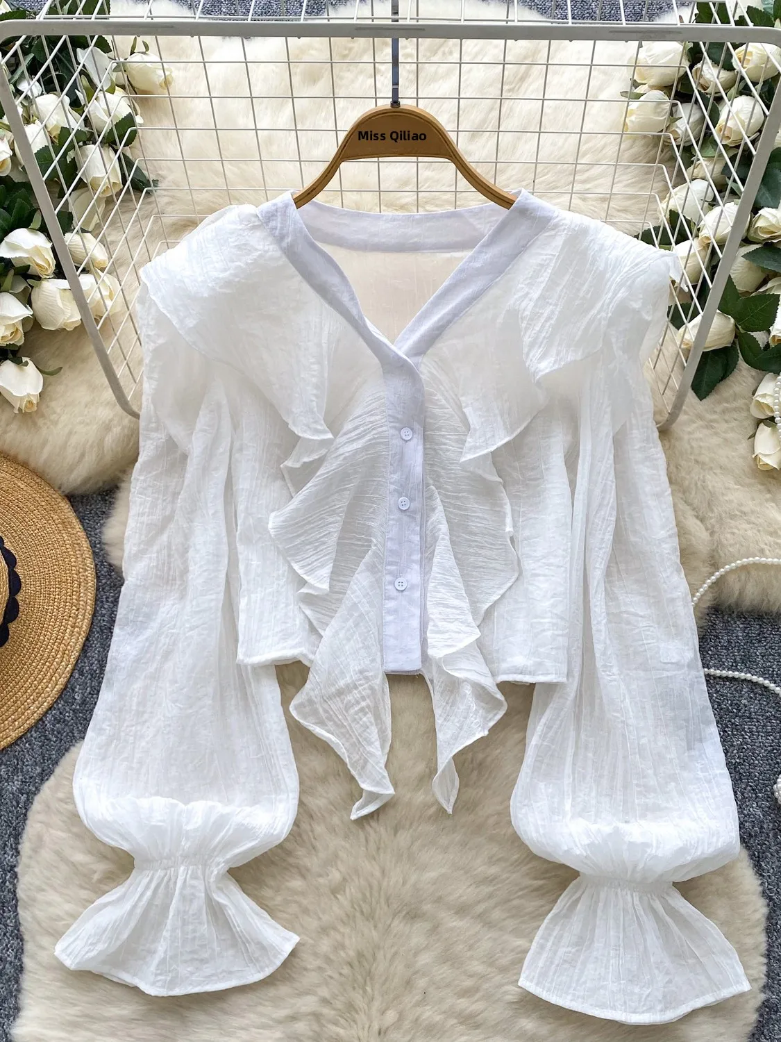 

Романтический ретро V-Ne Ruffle Sve Patchwork Bell Sve Chiffon irt Женский модный топ для осенних поездок на работу