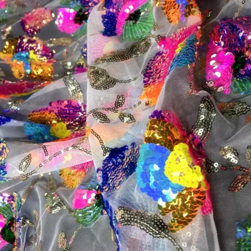 Colorful Crystal Sequins  Clustered Flowers  Sparkling Mesh Dress  High-end Customized Dress  Designer Embroidered Fabric