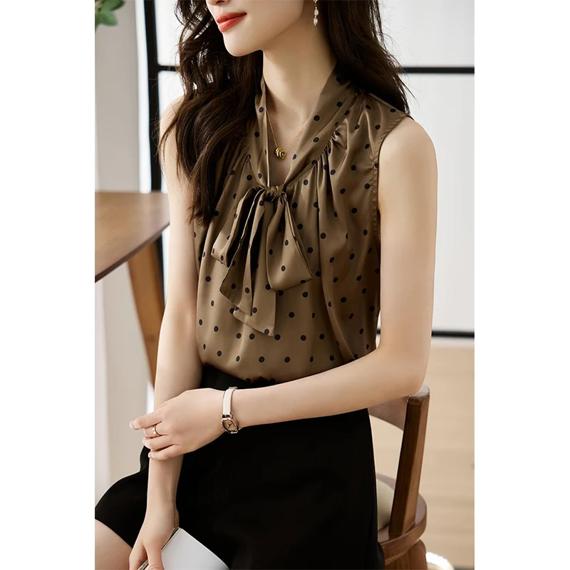 Women Clothing Vintage Drawstring Bow Blouses Office Lady Elegant Fashion Loose Shirts Chic Sleeveless Chiffon Pullover Tops