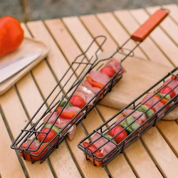 1PC Wooden Handle Barbecue Cage Outdoor Camping Barbecue Net Square Meat and Vegetable Barbecue Tube