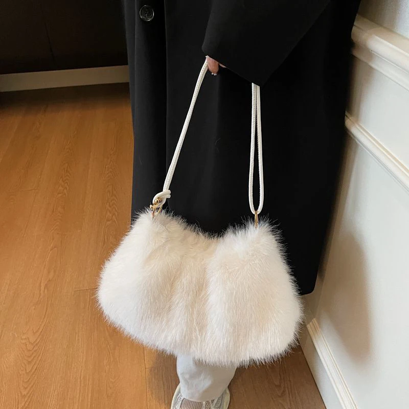 

Женская сумка через плечо большой вместимости, однотонная плюшевая сумка из искусственного меха на молнии для осенней и зимней моды