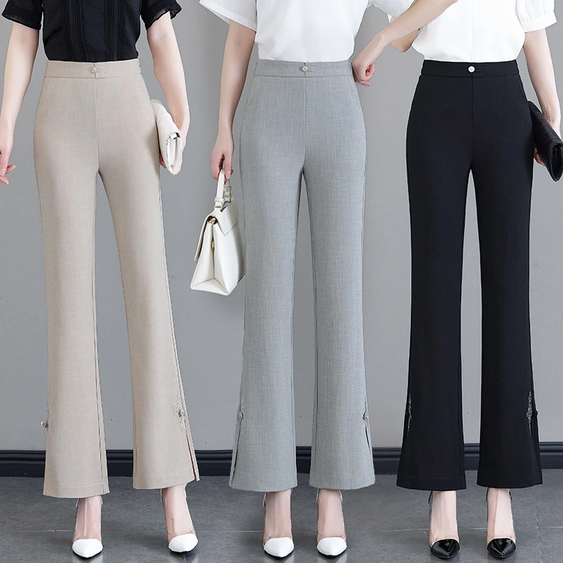 

Женские летние тонкие расклешенные брюки с высокой талией и разрезами, в повседневном стиле, стройнящие и корректирующие фигуру, для миниатюрных женщин 1688