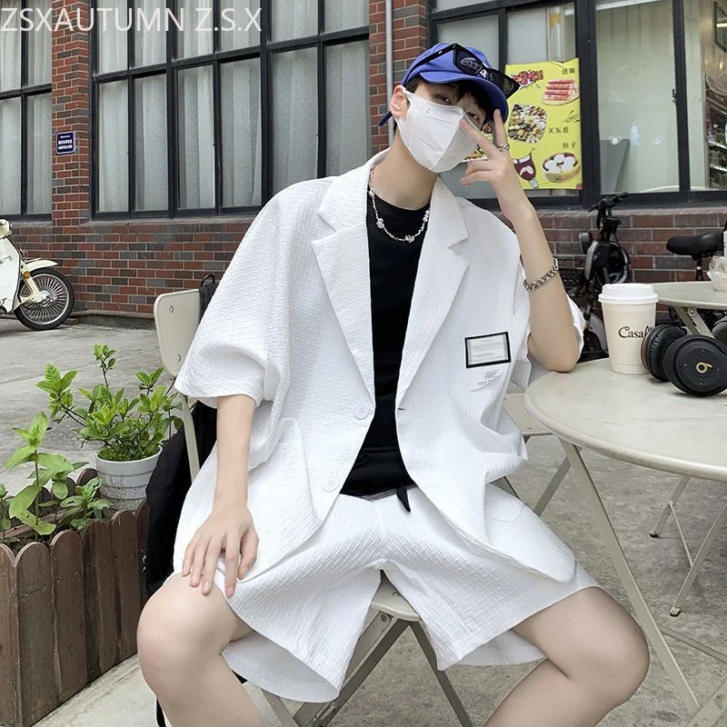 Korean Suit Set Men Trend Designer Clothes Black White Summer Short Sleeve Top Shorts Two-piece Set Loose Casual Men Blazer Sets