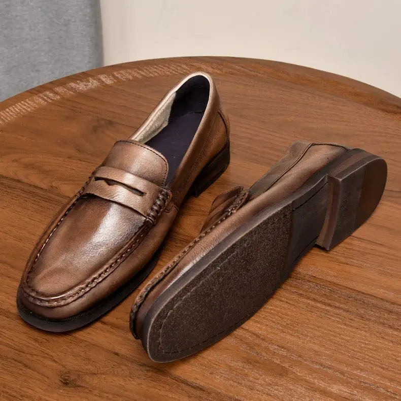 LIHUAMAO Grade A cow leather men's penny loafers cowhide leather shoes slip on casual outdoor sneaker footwear retro work shoes