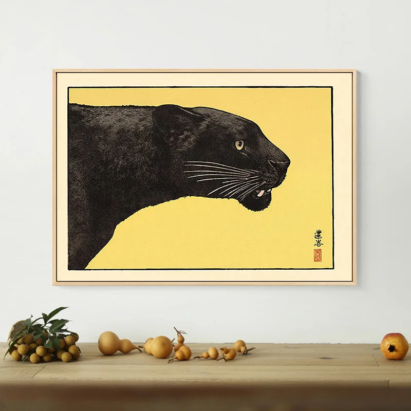 Wildlife Black Panther Canvas Painting Japanese Ukiyo Fine Wild Animal Wall Art Poster and Picture Modern Living Room Home Decor