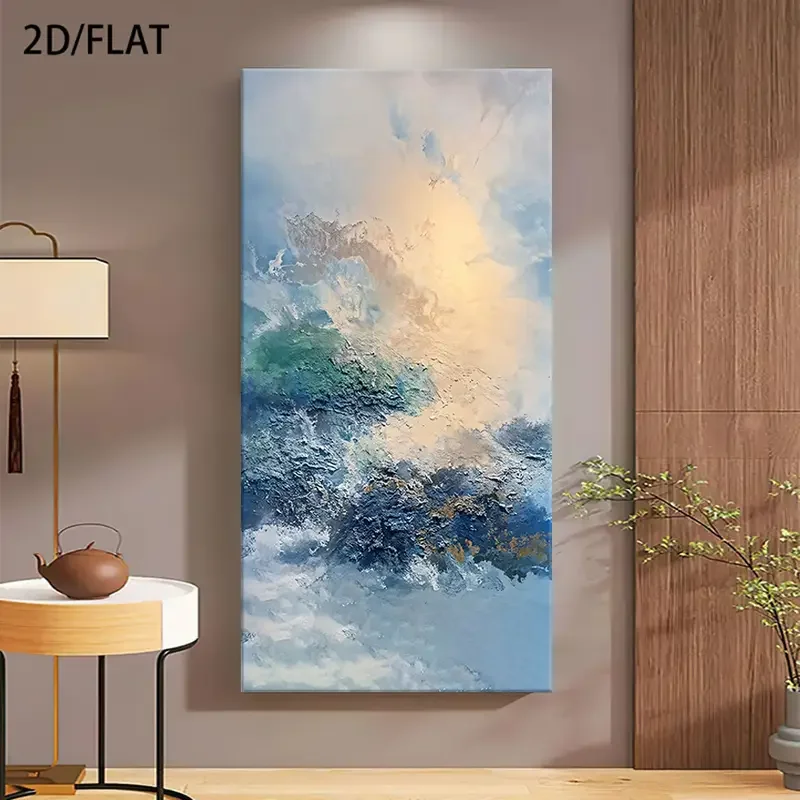 لوحة فنية جدارية تجريدية كبيرة من القماش - موضوع طبيعي أزرق وأصفر ديكور منزلي حديث، عمل فني مسطح ثنائي الأبعاد غير مؤطر لغرفة المعيشة