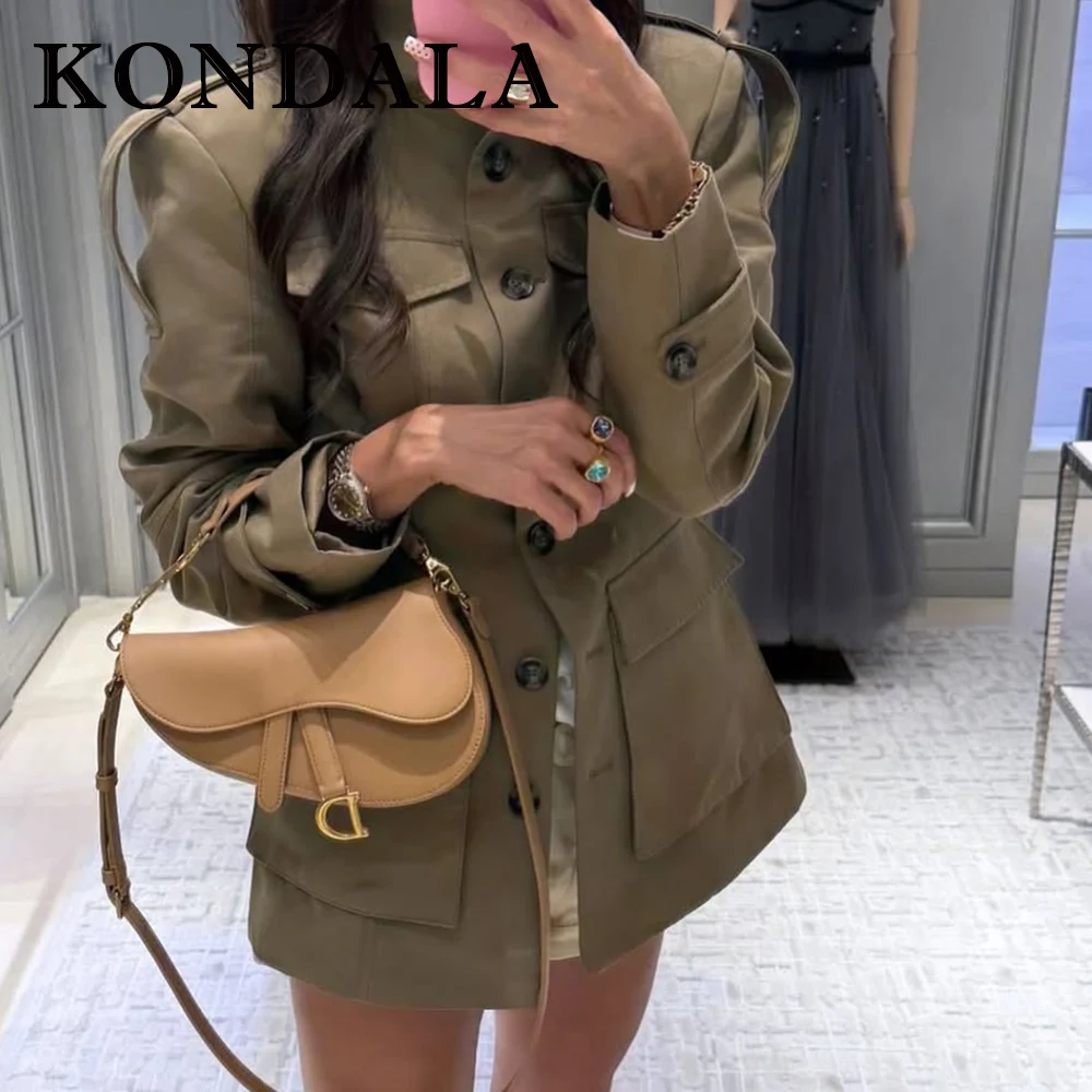 เสื้อโค้ทผู้หญิง KONDALA รุ่น Chic Khaki สไตล์ลำลอง แฟชั่นปี 2025 กระดุมแถวเดียว มีกระเป๋า เสื้อคลุมสไตล์วินเทจ สำหรับฤดูใบไม้ร่วง ทรงตรง สีพื้น