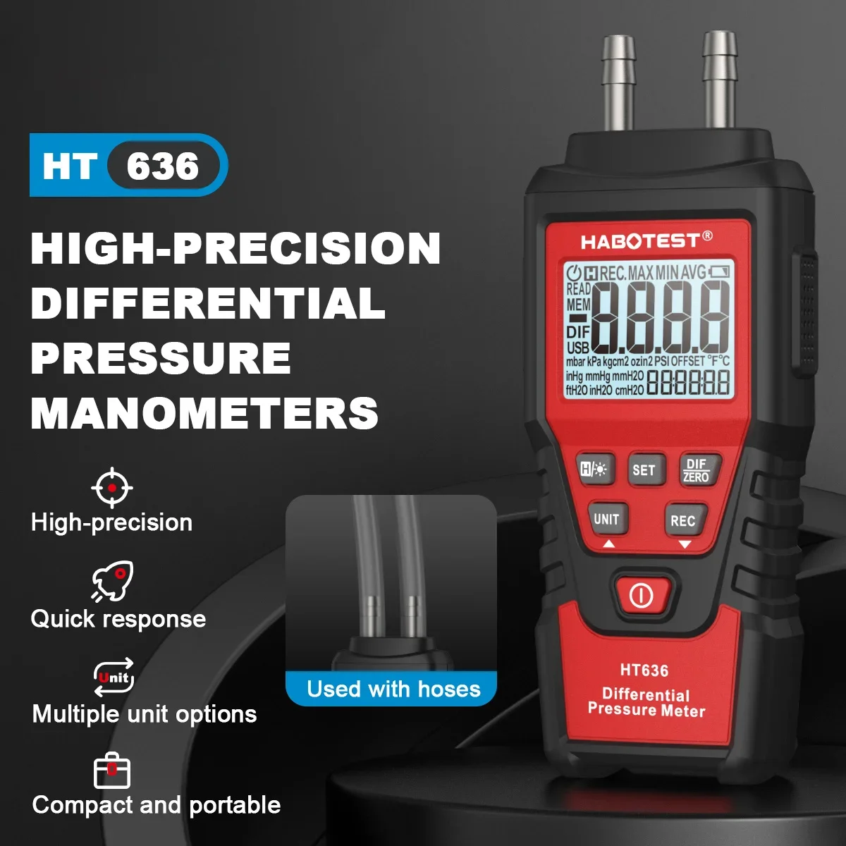 Digital Manometer Pressure Gauge ±0.3% FS High Precision Surface Pressure Difference Measurement Gauge Air Pressure Meter HT636