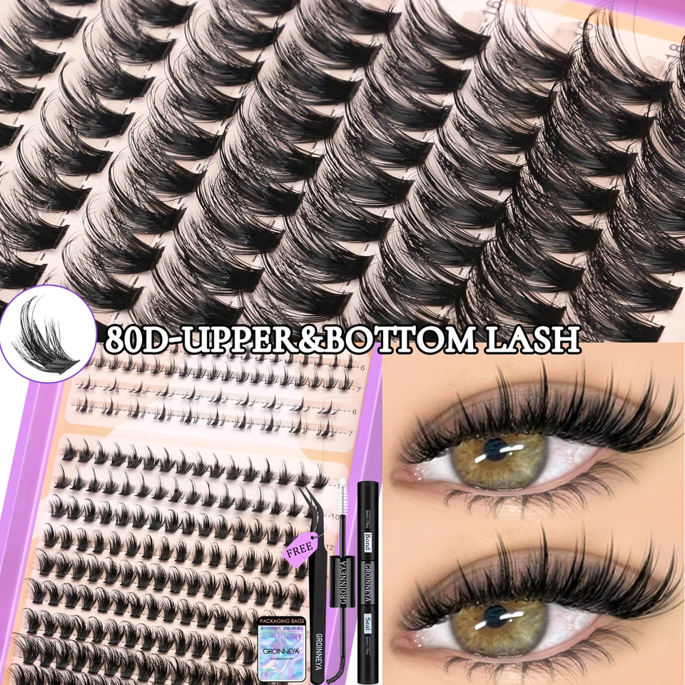 GROINNEYA Kit de Rizos de Pestañas Manga Esponjosos 3D Visón Falso Kit de Rizos con Pegamento y Sello Kit de Maquillaje 3