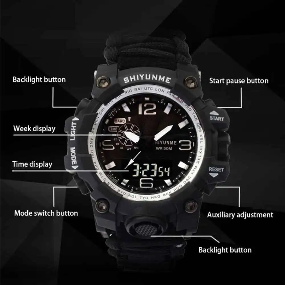 SHIYUNME Military G Style Digital Wristwatch Men Tactical Paracord Watch Compass Thermometer Waterproof Outdoor Sports Men Watch