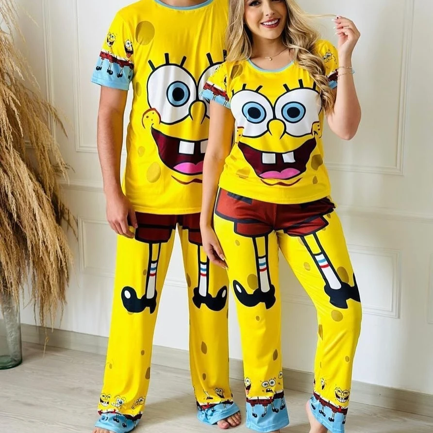 Potdemiel SpongeBob SquarePants Pajama Cartoon Adult Kids T-Shirt & Wide-leg Pants Set Family Summer Quick-dry Soft Lightweight