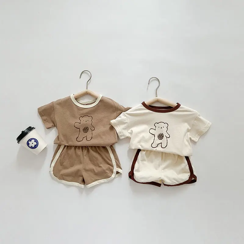 Full Print Little Bear Tees +shorts Boys And Girls Cute Cotton Fashion Crew Neck Pullover Short Sleeve Home Clothes 2pcs Suits