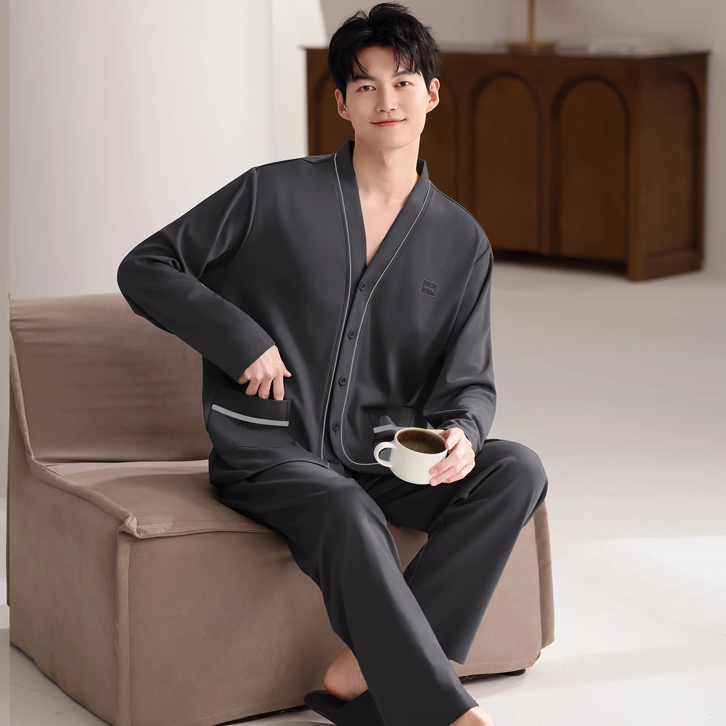Men Full Pure Cotton Pajamas Set V-Neck Male Long-sleeved Autumn Winter Pyjama Loose Men Home Set Solid Sleepwear Tops+Pants 2PC