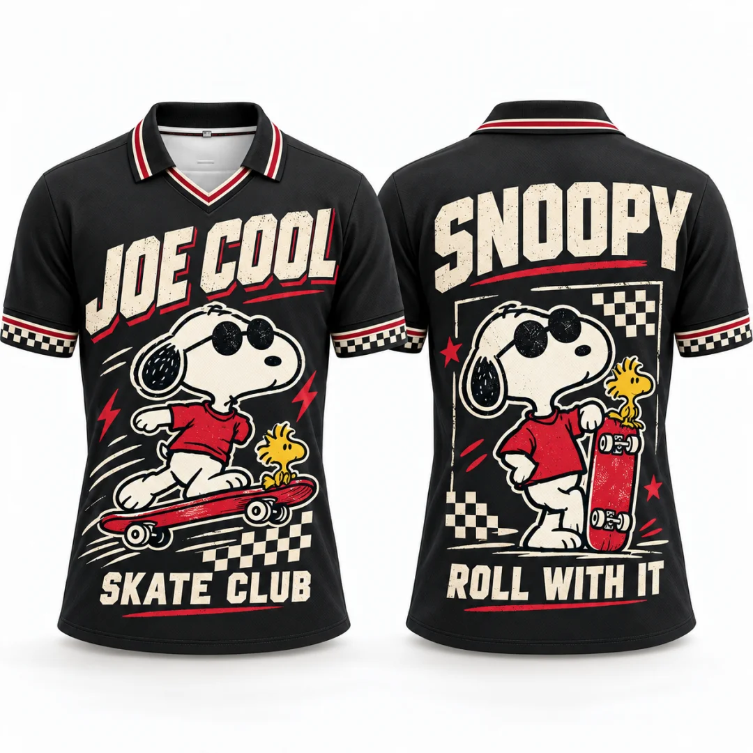 Snoopy Retro Skate Club Graphic Polo Shirt Men Women Vintage Cartoon V-Neck Short Sleeve Jersey Summer Streetwear Kids Tops