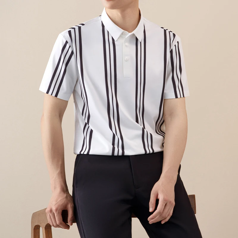 New in shirt striped short sleeve polos shirts for men slim fit formal plain shirt soft office tops pooular korean polo clothes