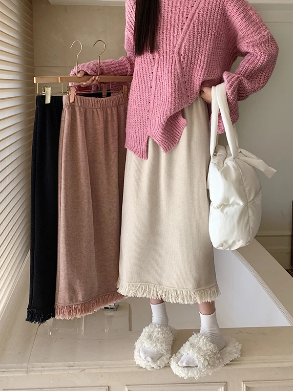 

2026 Winter New High Waist A-Line Skirt Casual f-length Tassel Trim Versatile Ba Split Bodycon Skirt Trendy Commute Sle