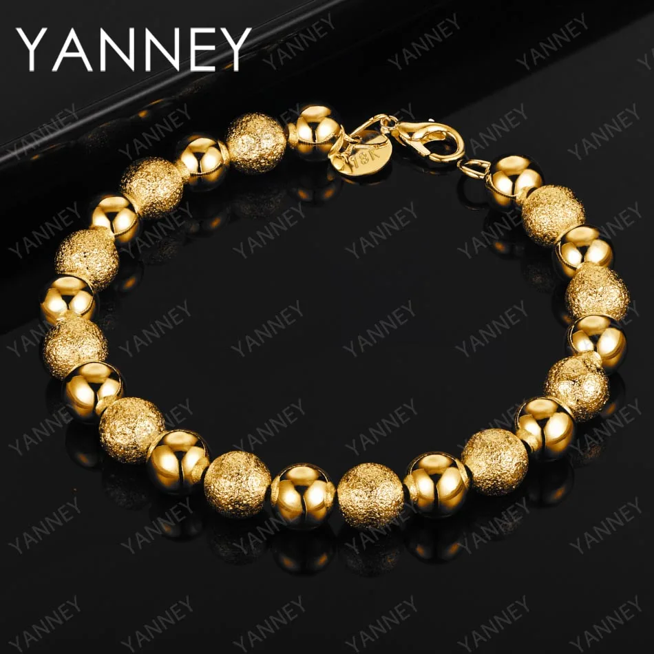 

925 Sterling Silver 18K Gold 8 Inches 8MM Frosted Beads Bracelet For Women Men Charm Party Gift Fashion Couple Jewelry