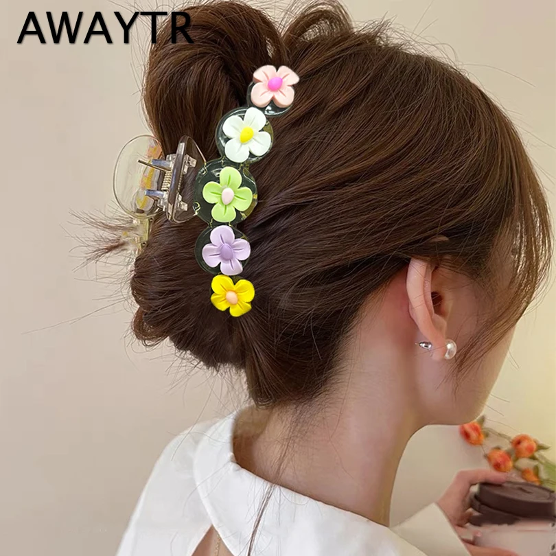 Women Color Flower Hair Claws Clip Large Barrette Crab Fashion Korea Acrylic Hairpins Shark Ponytail Girls Hair Accessories