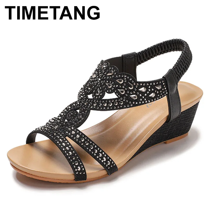 

2025 сандалии со стразами, женская обувь, летние сабо, костюм большого размера на танкетке, женский бежевый новый богемный низкий модный комфорт