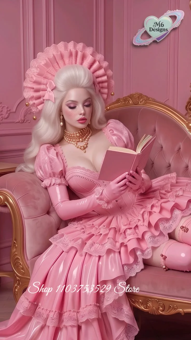 Maßgeschneidertes Pastellrosa Latex-Rokoko-Ballkleid mit Ösen-Spitze, Puffärmeln und Korsett im Marie-Antoinette-Stil für Vintage-Teepartys 2026