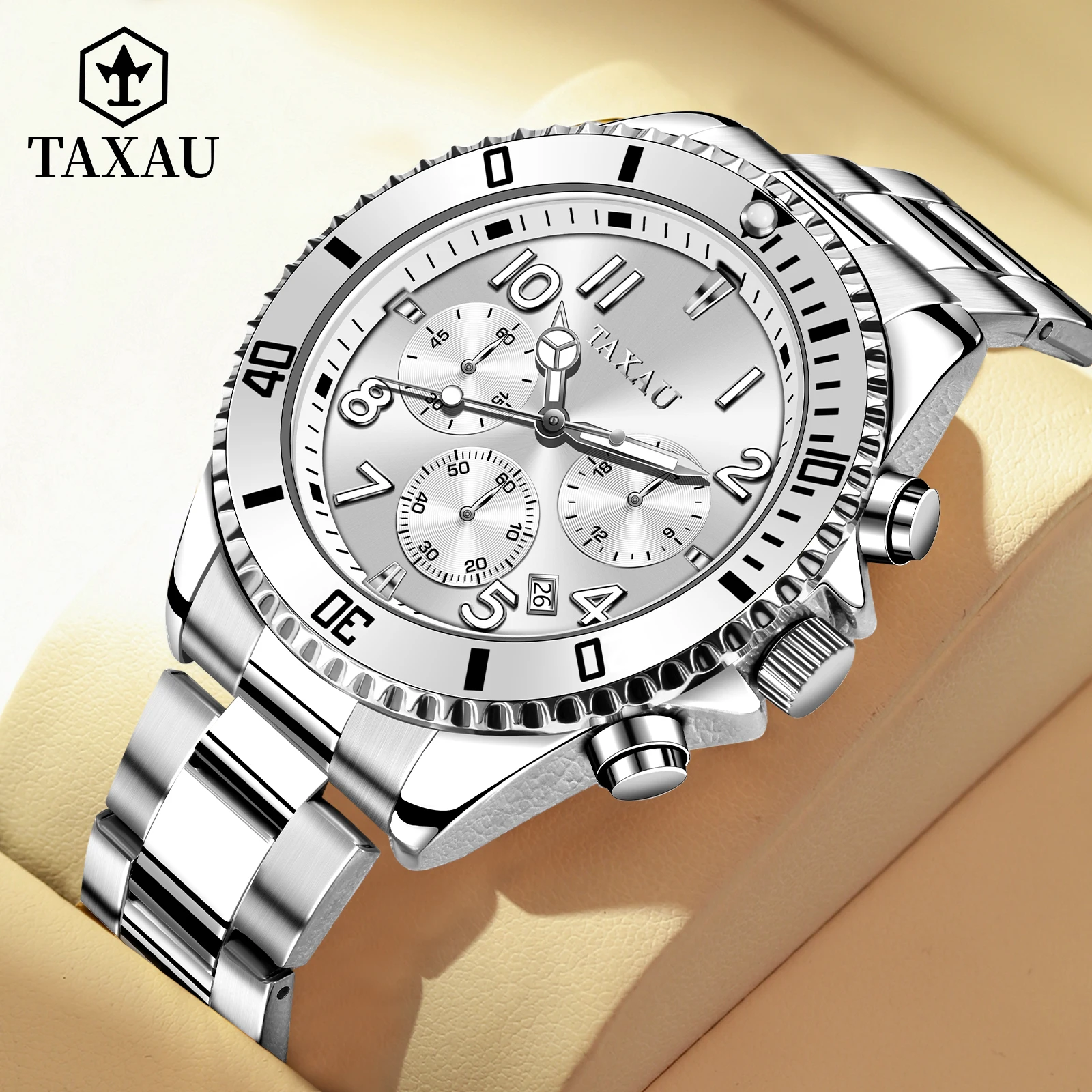 

Мужские водонепроницаемые кварцевые часы с календарём, из нержавеющей стали