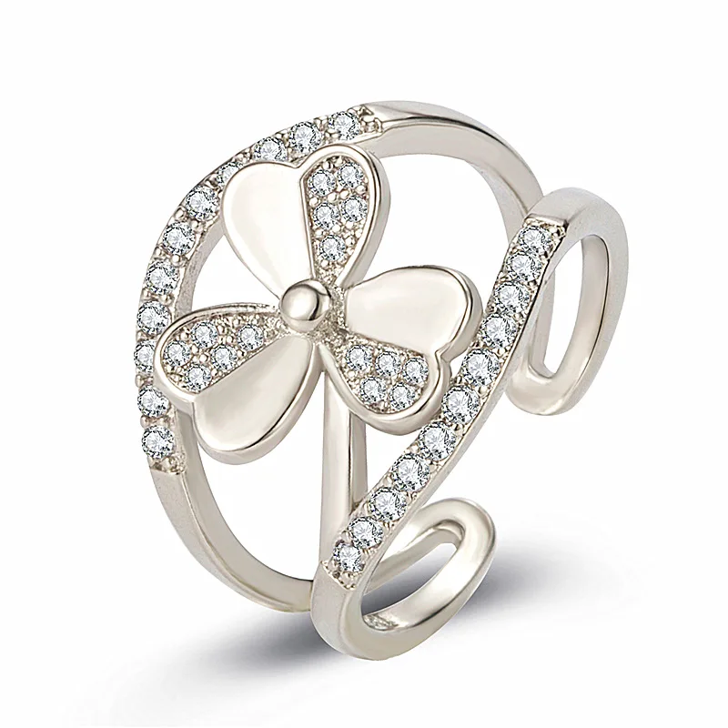 Gold Silver Rings Double Layer Heart Cute Lucky 3 Leaf Clover Opening Rings For Women Jewelry