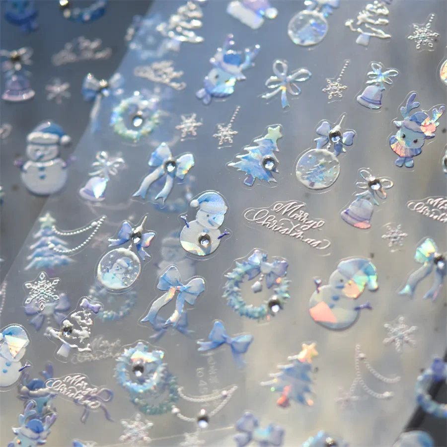 Dreamy Cold Winter Blue Pink Snowflake Christmas Tree Chic Bell Bowknot Wreath Star Santa Deer Nail Art Stickers Manicure Decals