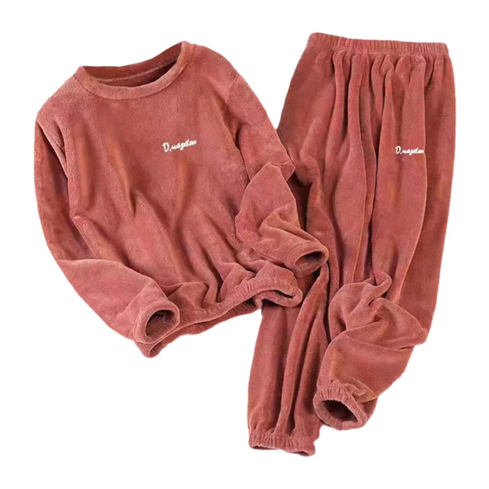 Women's Winter Plus Coral Fleece Solid Color Pajama Set Thickened Flannel Sleepwear Warm Couples Homewear For Indoor Wear