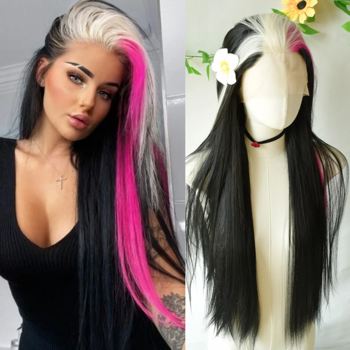 

Черный Выделите Розовый Белый Парик Bone Прямой Парик Фронта Шнурка 13x4 HD Парик Шнурка Синтетический Высокое Качество Термостойкий Повседневная Одежда