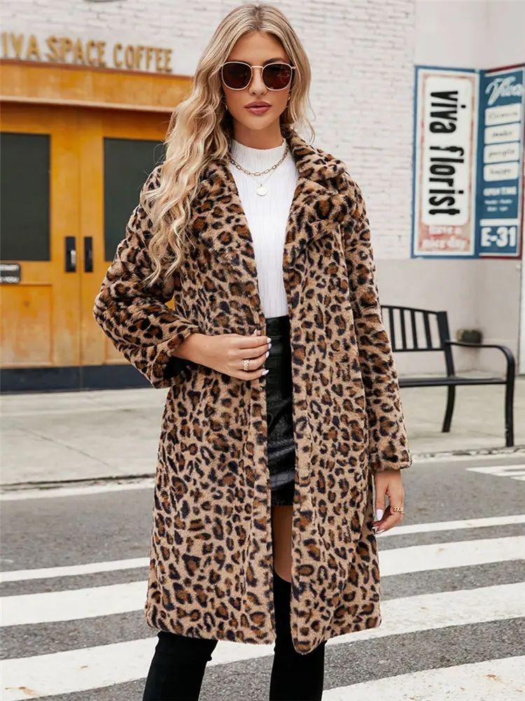 Women Winter Leopard Fleece Cardigan Fluffy Rainbow Fuzzy Coat Luxury Faux Fur Colourful Midi Long Overcoat