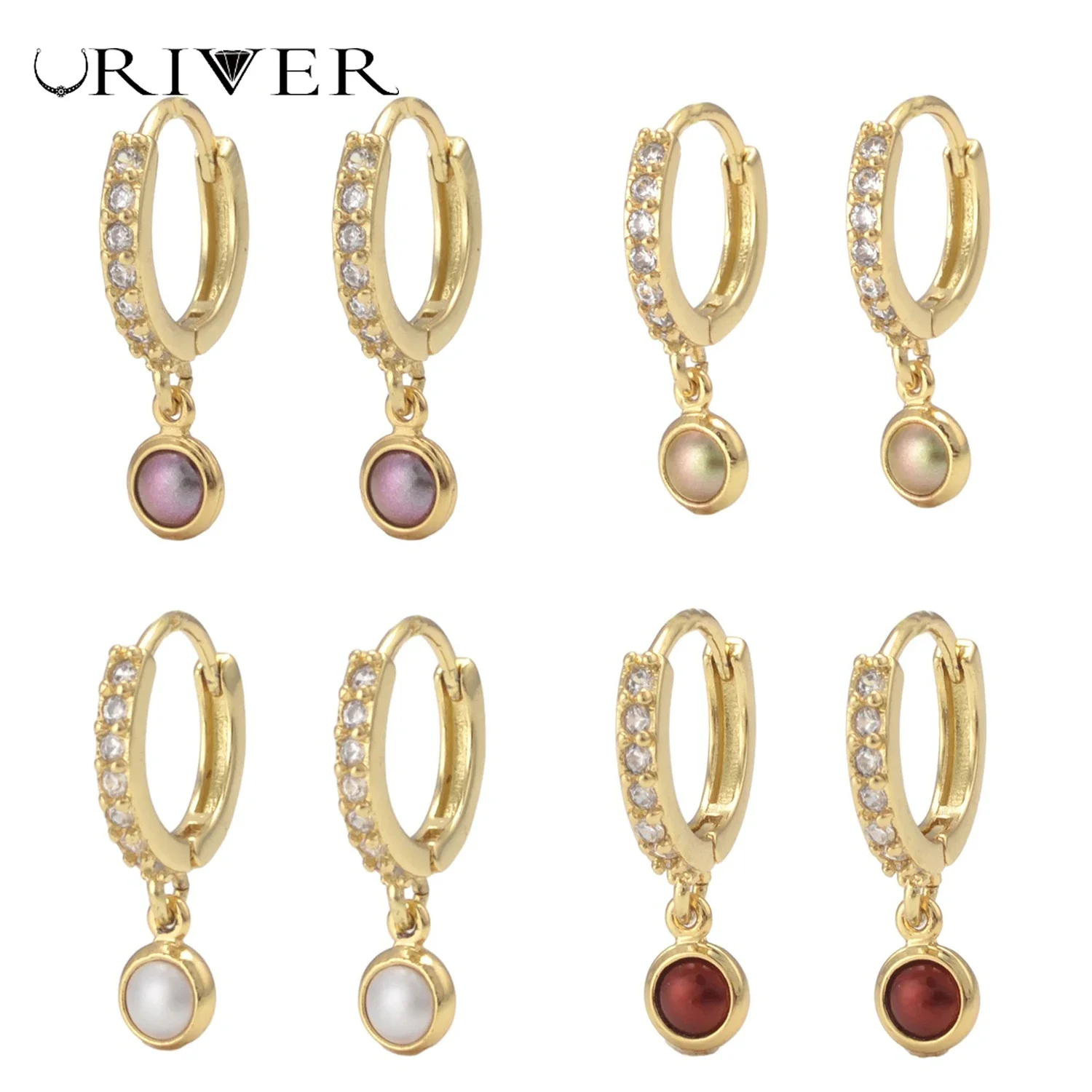 

LJRIVER 3 Pairs NEW Crystal Small Hoop Earrings Gold Color Rounded Dangling Women Earrings Wholesale Fine Brass Earring Set