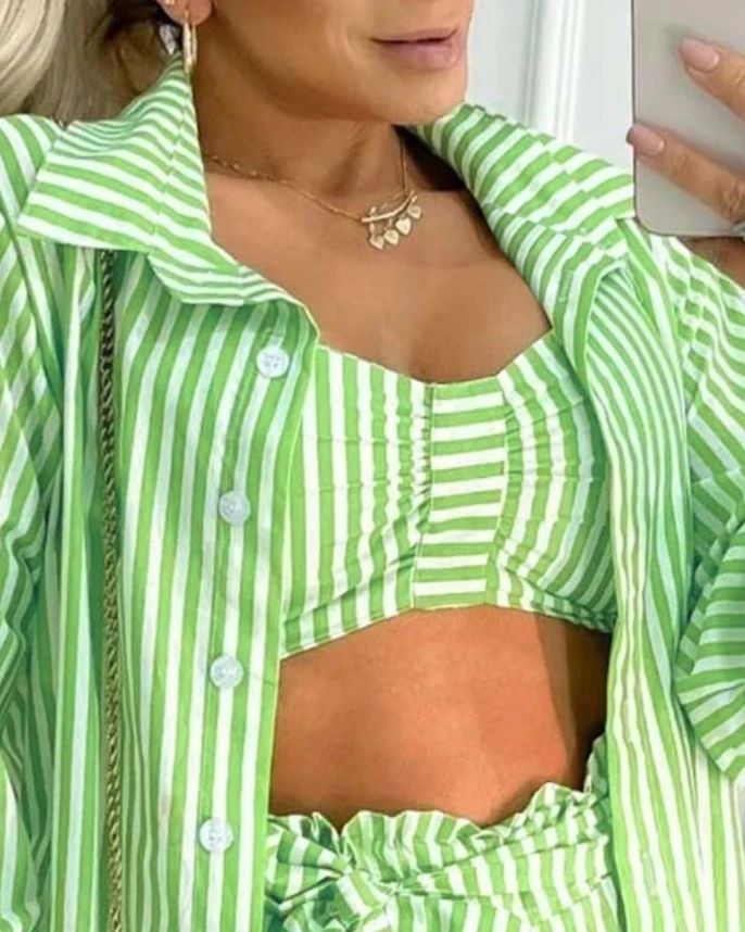 Sexy Casual Women's 3-Piece Summer Elegant Striped Open Navel Top with Lace Up Shorts Set with Rolled Hem and Jacket Fashion Set