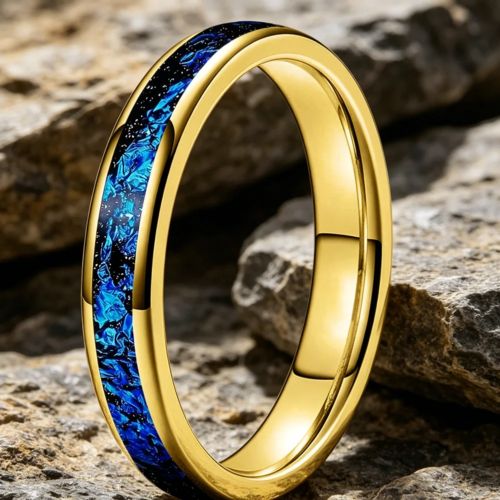 4mm Wolframcarbid-Eheringe mit blauer Folien-Einlage für Männer und Frauen, trendiger Verlobungsschmuck, poliert, glänzend, bequeme Passform – Detail 12