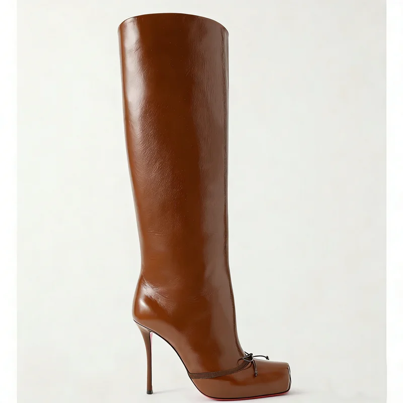 

Butterfly Knot Decoration Leather Long Boots Sexy Square Toe Thin Heel Accept Customized New Arrivals Fashion Women Boots