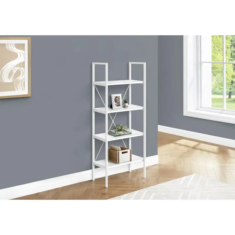 

4-Tier Contemporary White Bookshelf & Bookcase for Office & Bedroom, 48" Height, Modern Design, White Laminate & Metal Finish