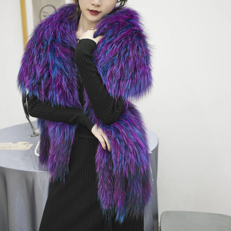 2022 New Winter Women Long Style Natural Fox Fur Shawl Hand Knitted Genuine Fox Fur Wrap Multicolor Fur Scarf