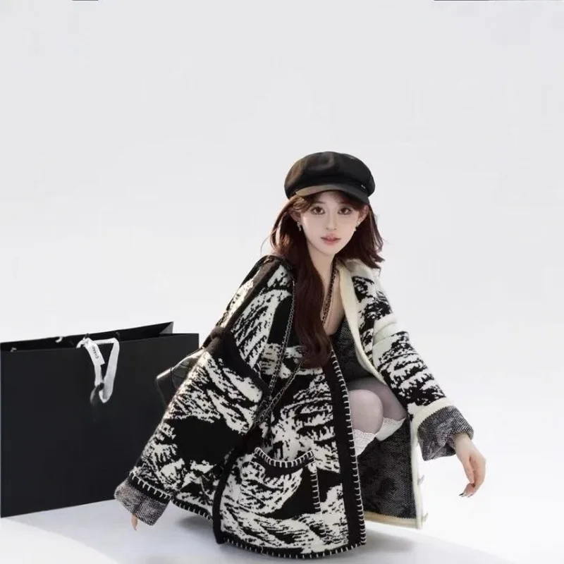 

Женский осенне-зимний цветной вязаный кардиган, модный толстый однобортный лоскутный свободный вязаный свитер с v-образным вырезом, пальто, топы